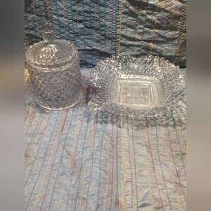 Light Blue Cut Glass Candy Dish and Ruffle Edge Design Bowl